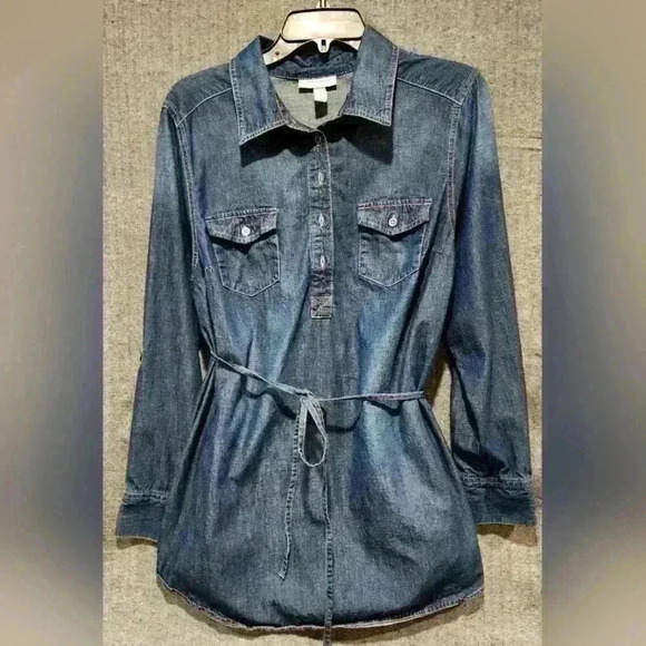 Liz Lange Maternity denim chambray tunic top long sleeve Large T191 5.8 - Picture 1 of 4